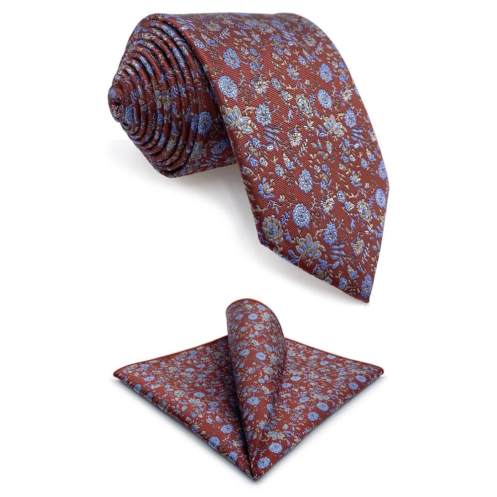 7849 Necktie Red Medium Vermillion Blue Floral Tie Set with Pocket Square